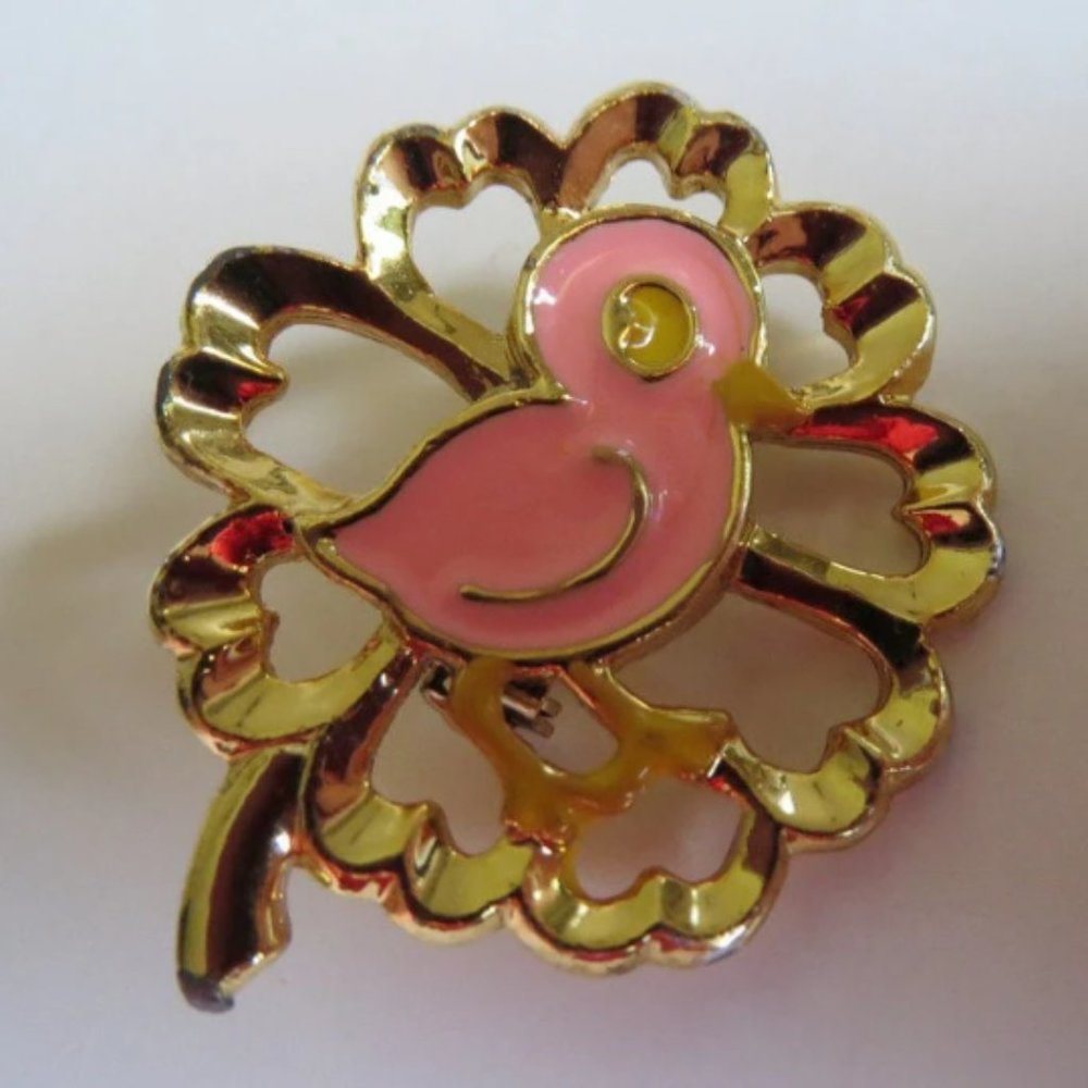 1960s Big Eyed Enameled Pink Chick & Gold Clover Flower Easter Brooch Pin